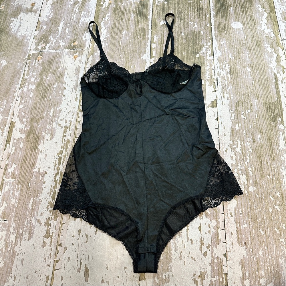 Vintage 70s 80s Vanity Fair Black Sexy Nylon Lace Lingerie Boudoir Bodysuit 34